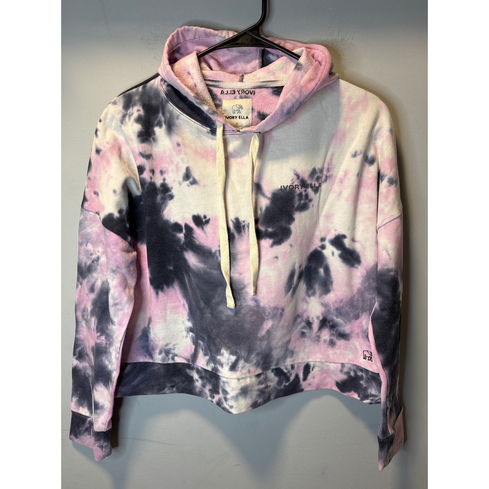Ivory‎ Ella Pink Navy Tie Dye Cropped Hoodie Sweatshirt Small Logo Back Graphic